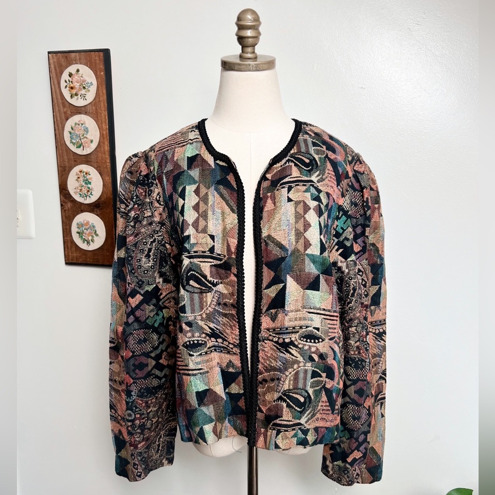 Vintage Woven Tapestry Open Blazer Jacket size 12
